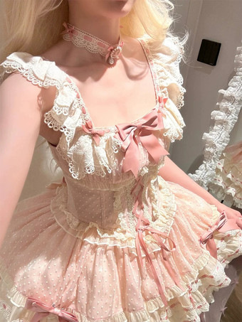 Süßes Ballett-Lolita-Kleid ärmellos mit Schnürung Rüschen und passendem Hut