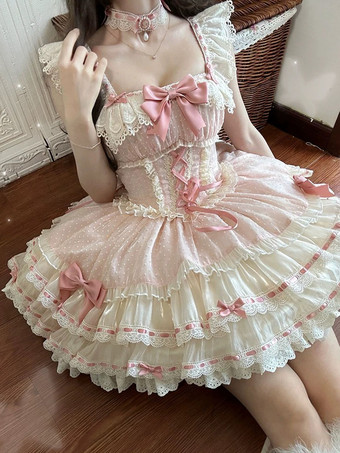 Süßes Ballett-Lolita-Kleid ärmellos mit Schnürung Rüschen und passendem Hut