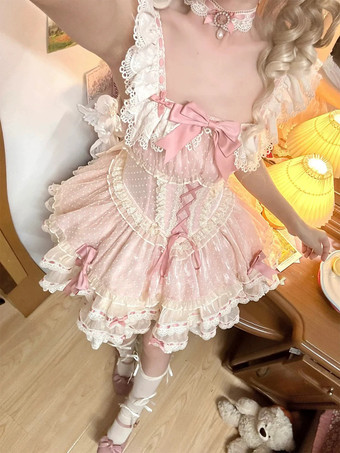 Süßes Ballett-Lolita-Kleid ärmellos mit Schnürung Rüschen und passendem Hut
