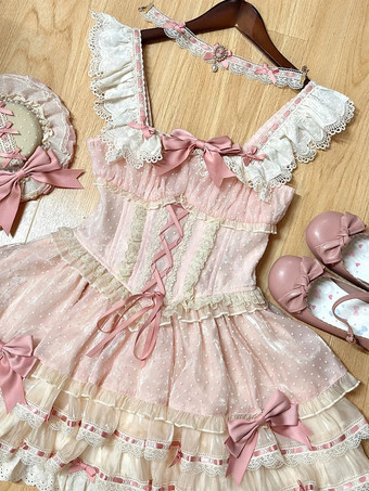 Süßes Ballett-Lolita-Kleid ärmellos mit Schnürung Rüschen und passendem Hut
