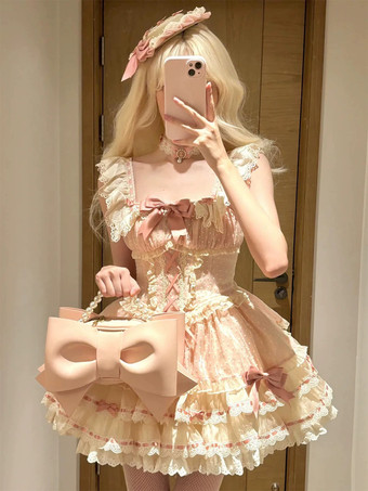Süßes Ballett-Lolita-Kleid ärmellos mit Schnürung Rüschen und passendem Hut