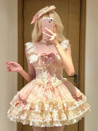 Süßes Ballett-Lolita-Kleid ärmellos mit Schnürung Rüschen und passendem Hut