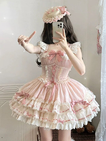 Süßes Ballett-Lolita-Kleid ärmellos mit Schnürung Rüschen und passendem Hut