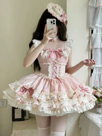 RosaSüßes Ballett-Lolita-Kleid ärmellos mit Schnürung Rüschen und passendem Hut