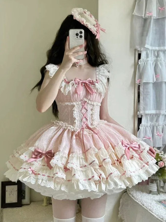 Süßes Ballett-Lolita-Kleid ärmellos mit Schnürung Rüschen und passendem Hut