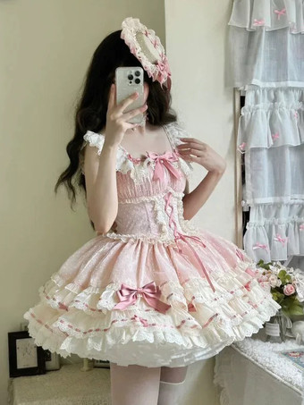 Süßes Ballett-Lolita-Kleid ärmellos mit Schnürung Rüschen und passendem Hut