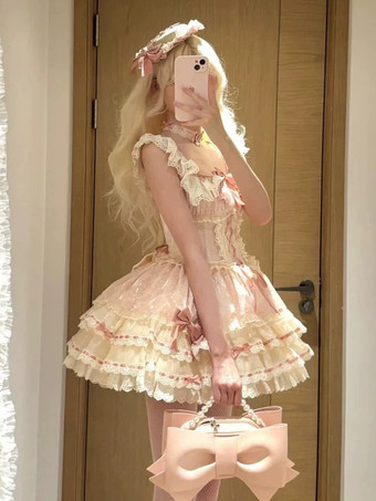 Süßes Ballett-Lolita-Kleid ärmellos mit Schnürung Rüschen und passendem Hut