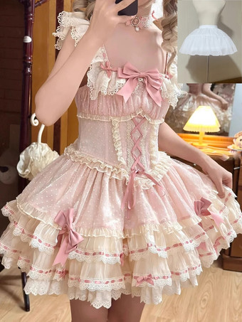Süßes Ballett-Lolita-Kleid ärmellos mit Schnürung Rüschen und passendem Hut