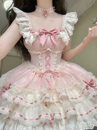 Süßes Ballett-Lolita-Kleid ärmellos mit Schnürung Rüschen und passendem Hut
