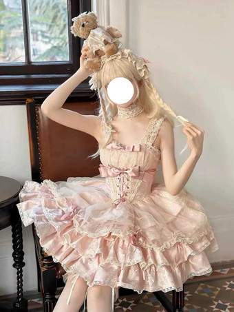 Sweet Ballet Lolita Dress Detachable Sleeve Lace Up Pink Jumper Skirt Dress With Choker