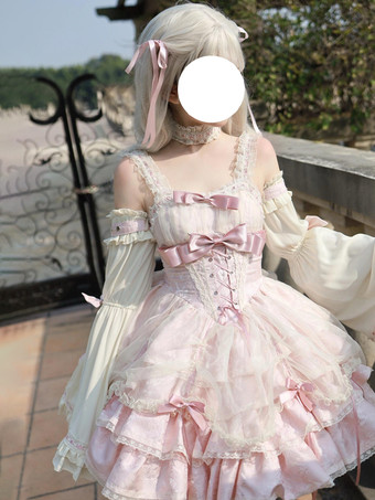 Sweet Ballet Lolita Dress Detachable Sleeve Lace Up Pink Jumper Skirt Dress With Choker