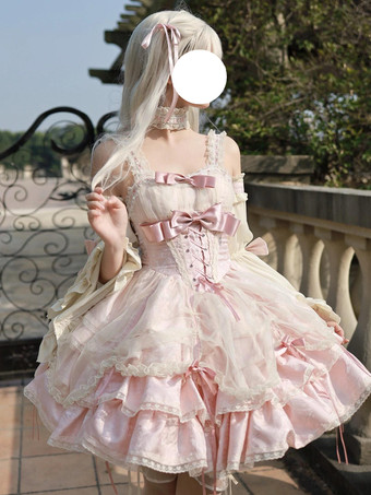 Sweet Ballet Lolita Dress Detachable Sleeve Lace Up Pink Jumper Skirt Dress With Choker
