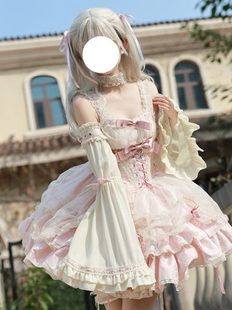 PinkSweet Ballet Lolita Dress Detachable Sleeve Lace Up Pink Jumper Skirt Dress With Choker