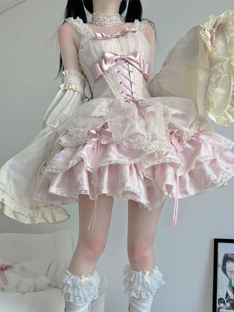Sweet Ballet Lolita Dress Detachable Sleeve Lace Up Pink Jumper Skirt Dress With Choker