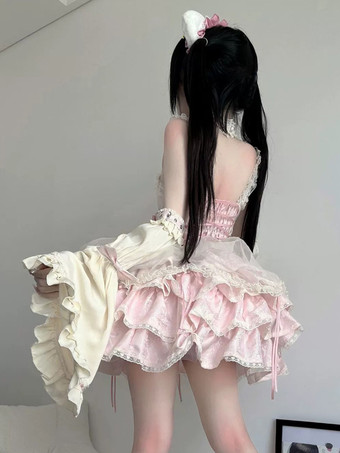 Sweet Ballet Lolita Dress Detachable Sleeve Lace Up Pink Jumper Skirt Dress With Choker