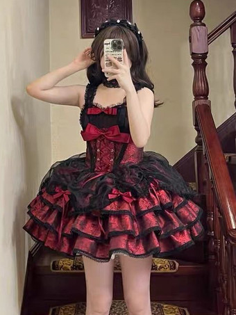 Red Sweet Ballet Lolita Dress Detachable Sleeve Lace Up Pink Jumper Skirt Dress With Choker