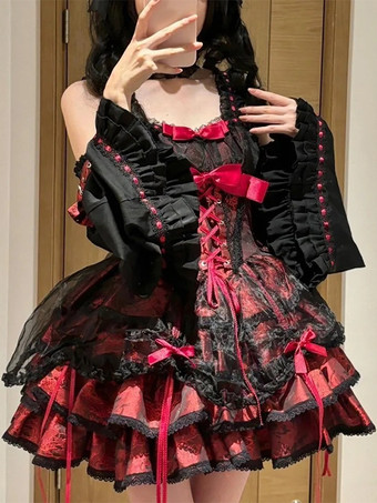 Sweet Ballet Lolita Dress Detachable Sleeve Lace Up Pink Jumper Skirt Dress With Choker