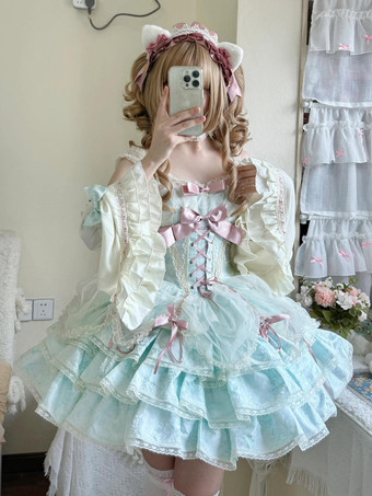 Green Sweet Ballet Lolita Dress Detachable Sleeve Lace Up Pink Jumper Skirt Dress With Choker