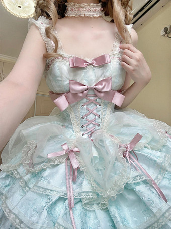 Sweet Ballet Lolita Dress Detachable Sleeve Lace Up Pink Jumper Skirt Dress With Choker