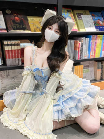 Sweet Ballet Lolita Dress Detachable Sleeve Lace Up Pink Jumper Skirt Dress With Choker