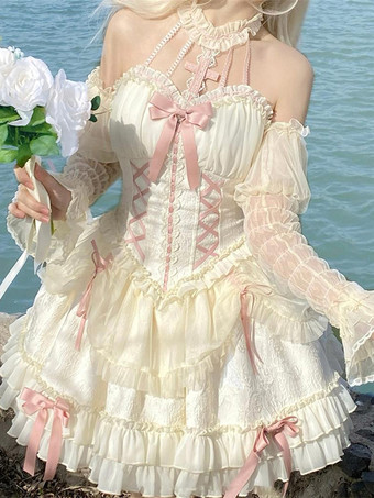 Dolce abito da Lolita da balletto con scollo all'americana maniche lunghe volant lacci maniche lunghe abito rosa da Lolita con copricapo
