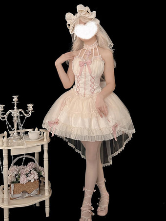 Dolce abito da Lolita da balletto con scollo all'americana maniche lunghe volant lacci maniche lunghe abito rosa da Lolita con copricapo