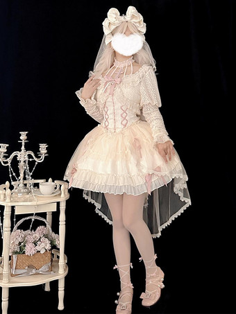 Dolce abito da Lolita da balletto con scollo all'americana maniche lunghe volant lacci maniche lunghe abito rosa da Lolita con copricapo