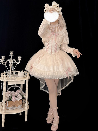Dolce abito da Lolita da balletto con scollo all'americana maniche lunghe volant lacci maniche lunghe abito rosa da Lolita con copricapo