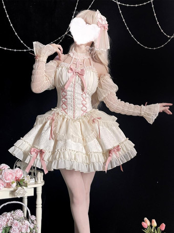 RosaDolce abito da Lolita da balletto con scollo all'americana maniche lunghe volant lacci maniche lunghe abito rosa da Lolita con copricapo
