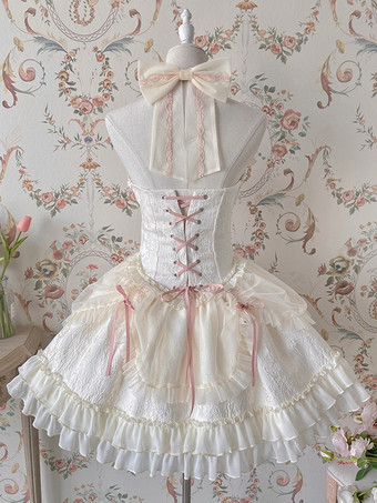 Dolce abito da Lolita da balletto con scollo all'americana maniche lunghe volant lacci maniche lunghe abito rosa da Lolita con copricapo