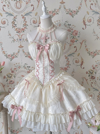 Dolce abito da Lolita da balletto con scollo all'americana maniche lunghe volant lacci maniche lunghe abito rosa da Lolita con copricapo