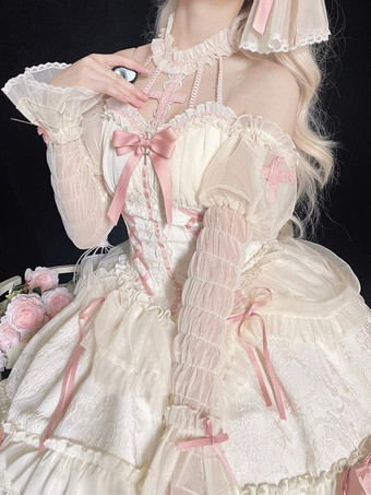 Dolce abito da Lolita da balletto con scollo all'americana maniche lunghe volant lacci maniche lunghe abito rosa da Lolita con copricapo