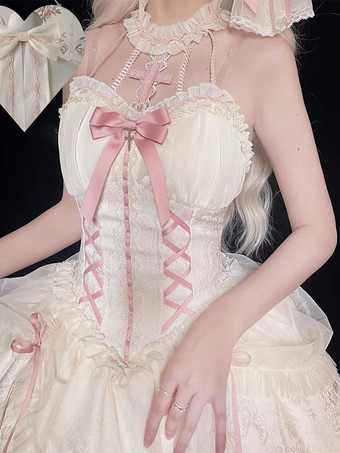 Dolce abito da Lolita da balletto con scollo all'americana maniche lunghe volant lacci maniche lunghe abito rosa da Lolita con copricapo