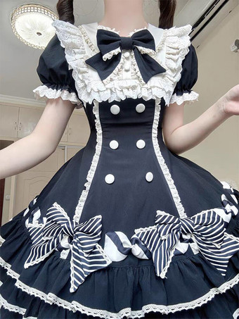 スイートロリータドレスケーキ半袖フリルリボンドレス甘いピンクのロリータドレス帽子付き