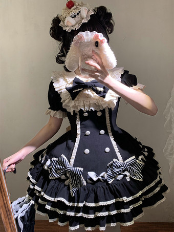 スイートロリータドレスケーキ半袖フリルリボンドレス甘いピンクのロリータドレス帽子付き