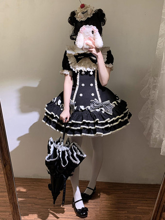 ブラック スイートロリータドレスケーキ半袖フリルリボンドレス甘いピンクのロリータドレス帽子付き