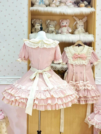 スイートロリータドレスケーキ半袖フリルリボンドレス甘いピンクのロリータドレス帽子付き