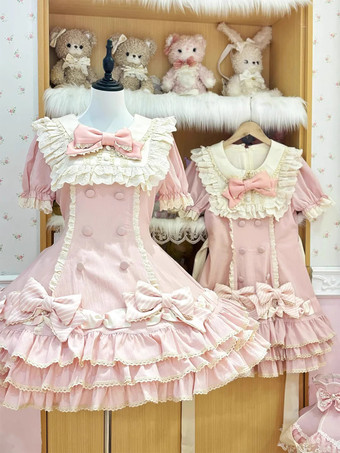 スイートロリータドレスケーキ半袖フリルリボンドレス甘いピンクのロリータドレス帽子付き