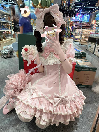 スイートロリータドレスケーキ半袖フリルリボンドレス甘いピンクのロリータドレス帽子付き