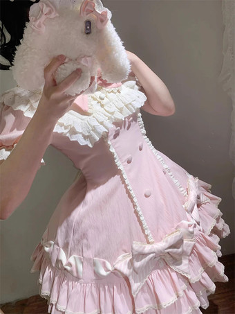 スイートロリータドレスケーキ半袖フリルリボンドレス甘いピンクのロリータドレス帽子付き