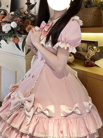 スイートロリータドレスケーキ半袖フリルリボンドレス甘いピンクのロリータドレス帽子付き