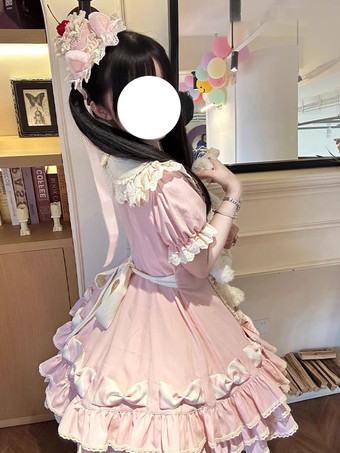 スイートロリータドレスケーキ半袖フリルリボンドレス甘いピンクのロリータドレス帽子付き