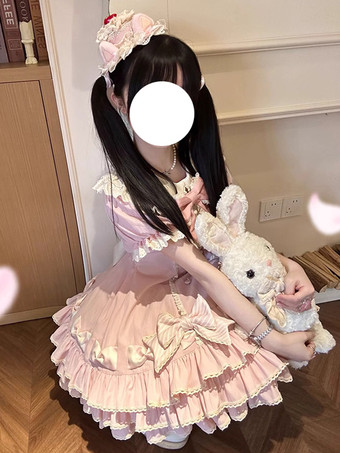 スイートロリータドレスケーキ半袖フリルリボンドレス甘いピンクのロリータドレス帽子付き