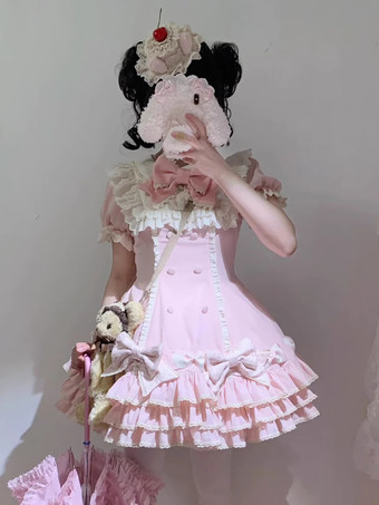 スイートロリータドレスケーキ半袖フリルリボンドレス甘いピンクのロリータドレス帽子付き