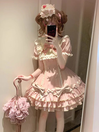 ピンクスイートロリータドレスケーキ半袖フリルリボンドレス甘いピンクのロリータドレス帽子付き