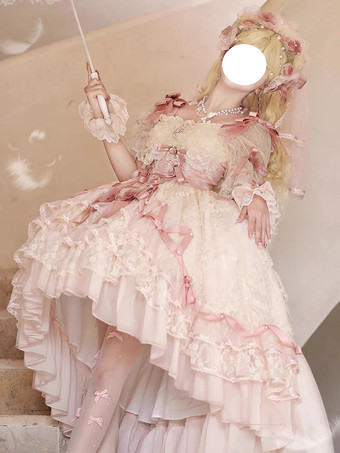 スイートバレエ姫ウェディングロリータドレス リボンフリル ピンクロリータドレス トレーン付き
