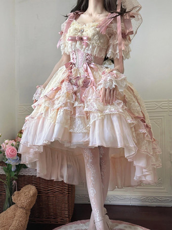 スイートバレエ姫ウェディングロリータドレス リボンフリル ピンクロリータドレス トレーン付き