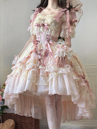 スイートバレエ姫ウェディングロリータドレス リボンフリル ピンクロリータドレス トレーン付き