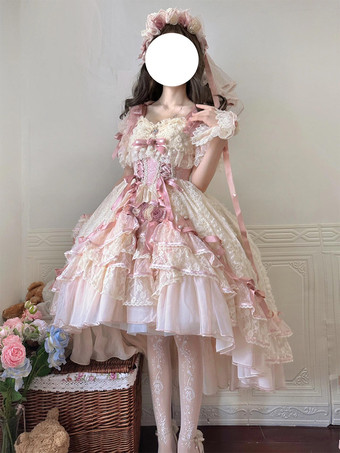 スイートバレエ姫ウェディングロリータドレス リボンフリル ピンクロリータドレス トレーン付き