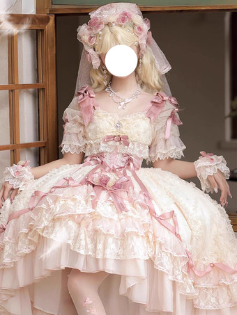 ピンクスイートバレエ姫ウェディングロリータドレス リボンフリル ピンクロリータドレス トレーン付き